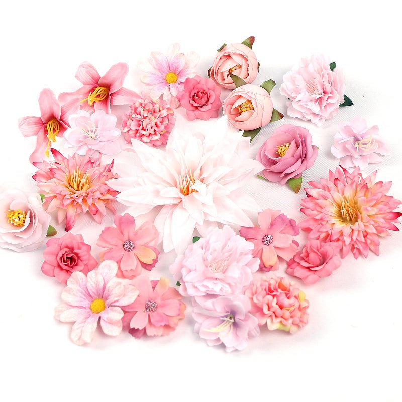 LARDUX 24 PCS Artificial Flower HeadsCraft Fake flower Decoration Mini Silk Pink Flower Heads Bulk Mix for DIY Wedding Party Hair Accessory Scrapbooking Home Decor