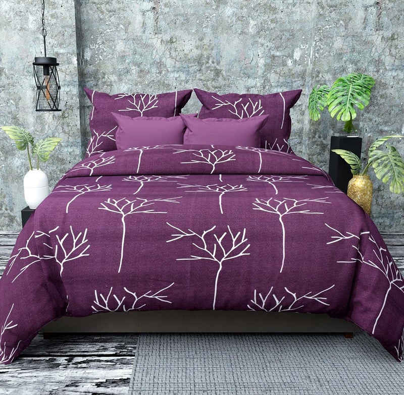 Sky Tex Purple Color 300 TC Glace Cotton 3D Tree Printed Double Bed Comforter Set with Fitted Bed Sheet (1 Comforter, 1 Fitted Bed Sheet & 2 Pillow Covers)