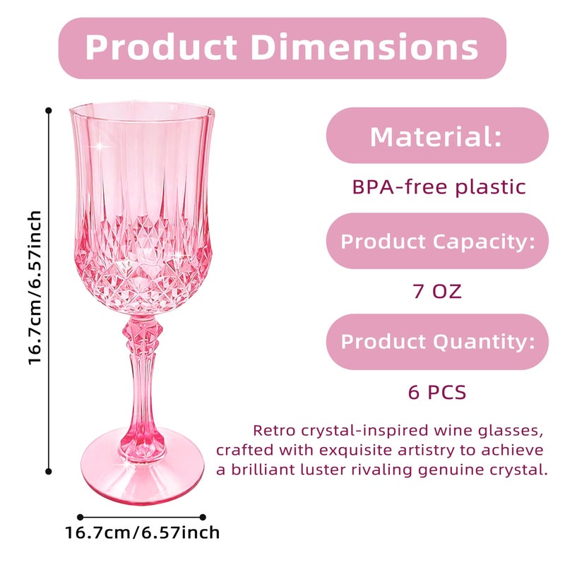 JUSONEY 7oz Vintage Plastic Wine Glasses,Crystal Textured Plastic Goblets,Disposable Wine Glasses for Parties,Weddings,Elegant Events(6-Pink) - Image 2