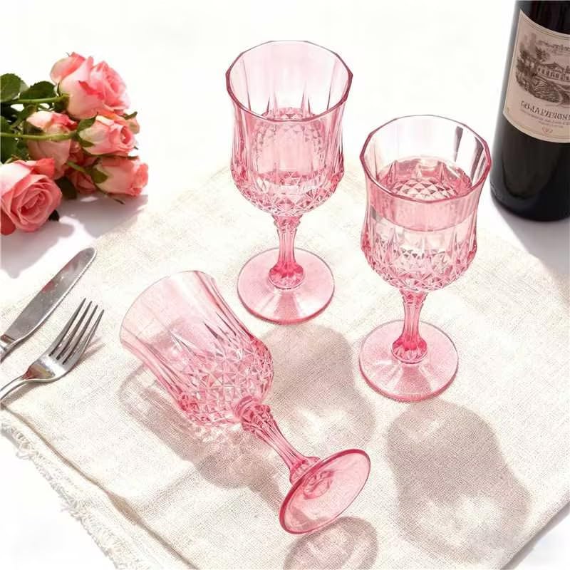 JUSONEY 7oz Vintage Plastic Wine Glasses,Crystal Textured Plastic Goblets,Disposable Wine Glasses for Parties,Weddings,Elegant Events(6-Pink) - Image 4