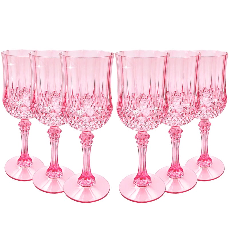 JUSONEY 7oz Vintage Plastic Wine Glasses,Crystal Textured Plastic Goblets,Disposable Wine Glasses for Parties,Weddings,Elegant Events(6-Pink) - Image 1