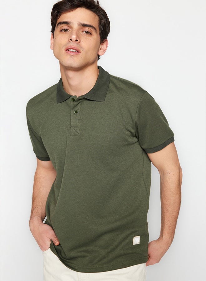 trendyol Limited Edition Khaki Regular/Normal Fit Appliqué Thick Pique Polo Neck T-shirt TMNSS23PO00016 - Image 2