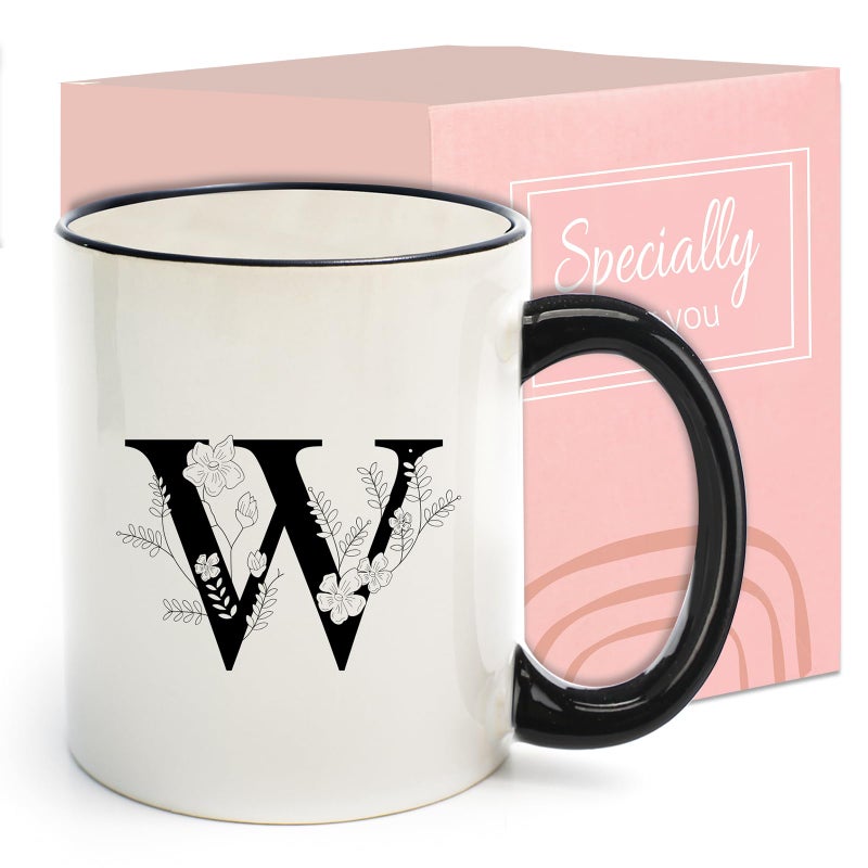 DHQH Monogram Ceramic Coffee Mugs, 11 oz Initial Drinking Cup with Gift Box, Unique Birthday Valentines Day Gifts for Women Wife Mothers Day Grandma Mom Aunt, W - Image 1