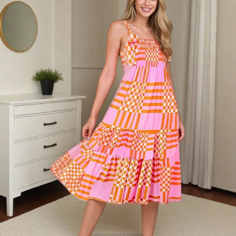 Women's A-Line Midi Dress with Plaid Print - Image 4