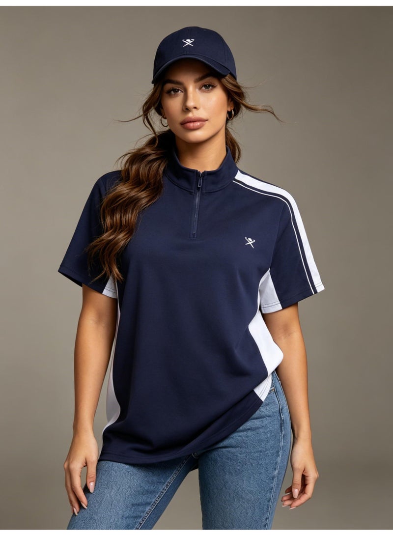 Hackett London Unisex semi-zipper stand collar color matching stripe printed LOGO sports short sleeve T-shirt - Image 4