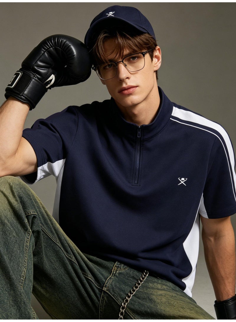 Hackett London Unisex semi-zipper stand collar color matching stripe printed LOGO sports short sleeve T-shirt - Image 1