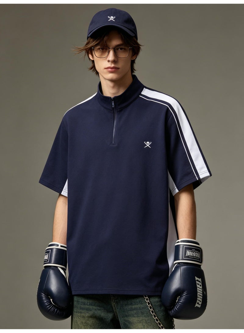 Hackett London Unisex semi-zipper stand collar color matching stripe printed LOGO sports short sleeve T-shirt - Image 5