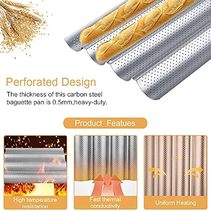 Perforated Baguette Baking Tray French Bread Baking Pan Loaves Loaf Bake Mold Pan 4 Wave Loaves Baking Beginners and Cake Lovers - Image 4