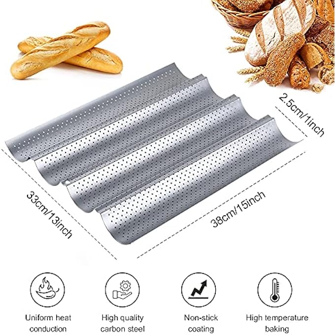 Perforated Baguette Baking Tray French Bread Baking Pan Loaves Loaf Bake Mold Pan 4 Wave Loaves Baking Beginners and Cake Lovers - Image 3