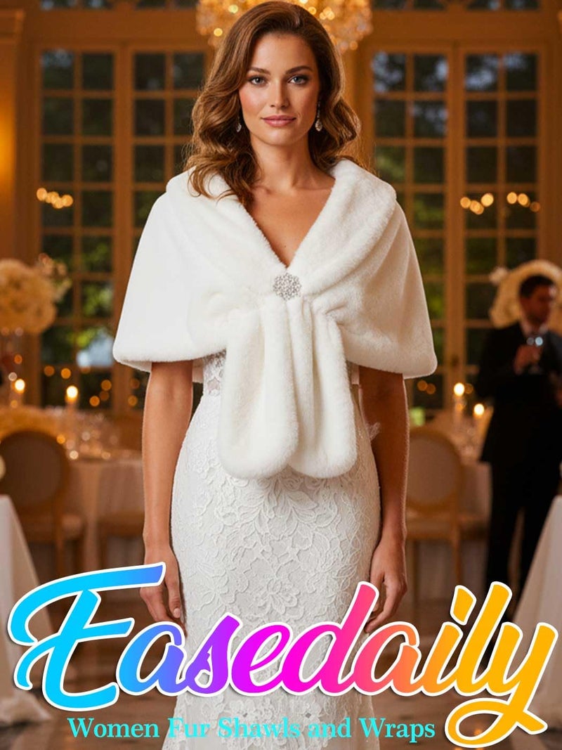 EASEDAILY Women's Fur Shawls and Wraps Wedding Fur Scarf Faux Bridal Stole with Brooch for Brides and Bridesmaids (A white) (A-white, US 4-14 (S-M)) - Image 2