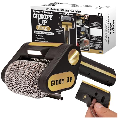 Horsepower Giddy Up GOLD BristleFree Spinning Grill Brush wLED Longer Run Time CordlessRechargeable 304 Stainless Steel Power Roller Blasts Away BurntOn Food No Bristles No Preheating 350 RPM - Image 1