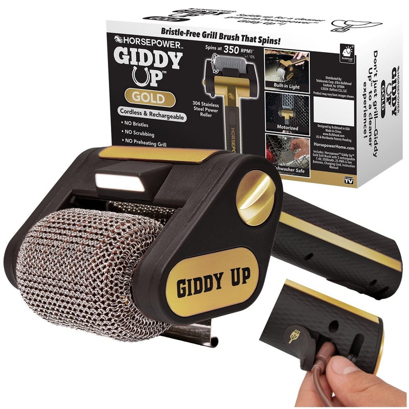 Horsepower Giddy Up GOLD BristleFree Spinning Grill Brush wLED Longer Run Time CordlessRechargeable 304 Stainless Steel Power Roller Blasts Away BurntOn Food No Bristles No Preheating 350 RPM - Image 2