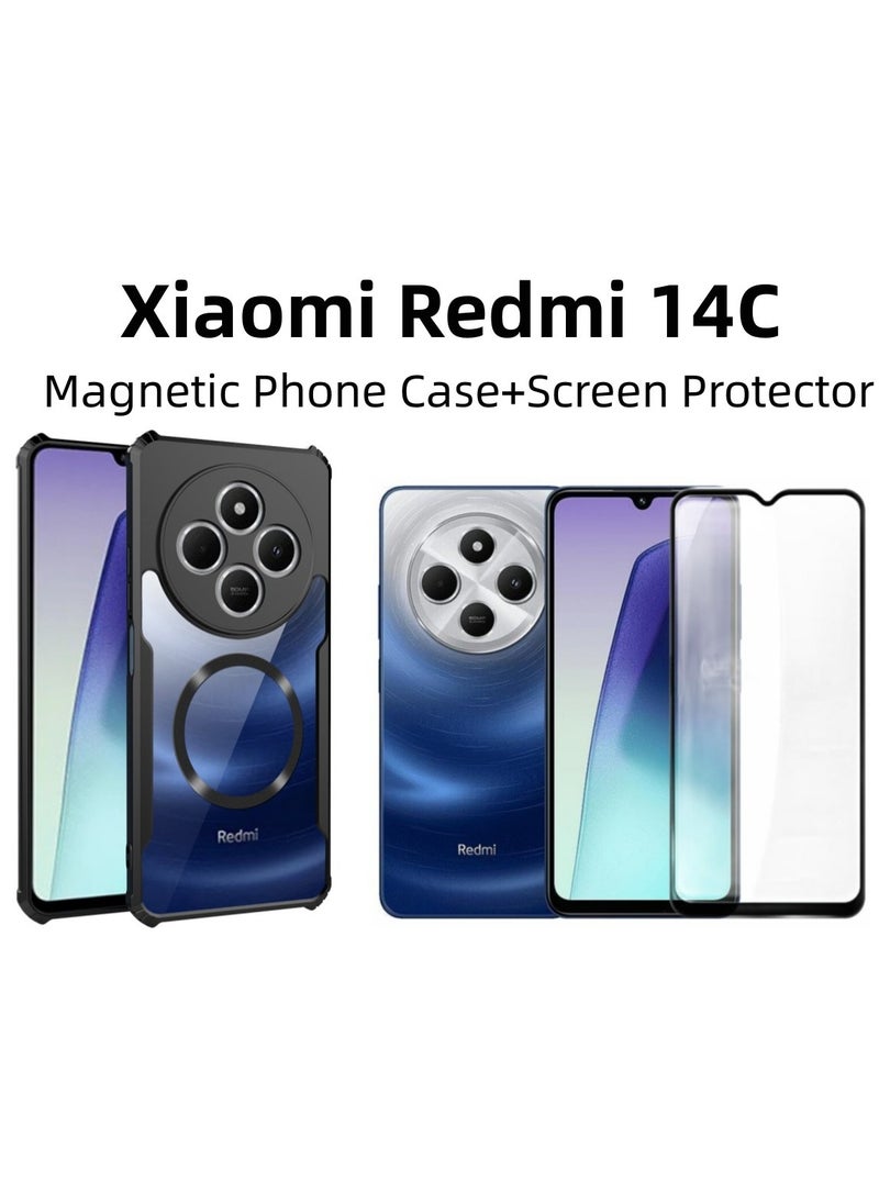 [1+1 Sets] For Xiaomi Redmi 14C/ Xiaomi Poco C75 Case & Screen Protector Magnetic Suction Car Phone Case with Anti Drop Function High Transmittance Glass Scratch Resistant Tempered Glass