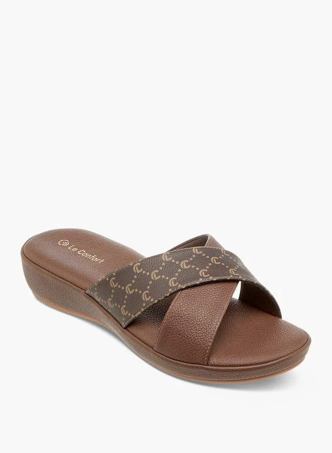 Women Monogram Print Cross Strap Slip-On Sandals