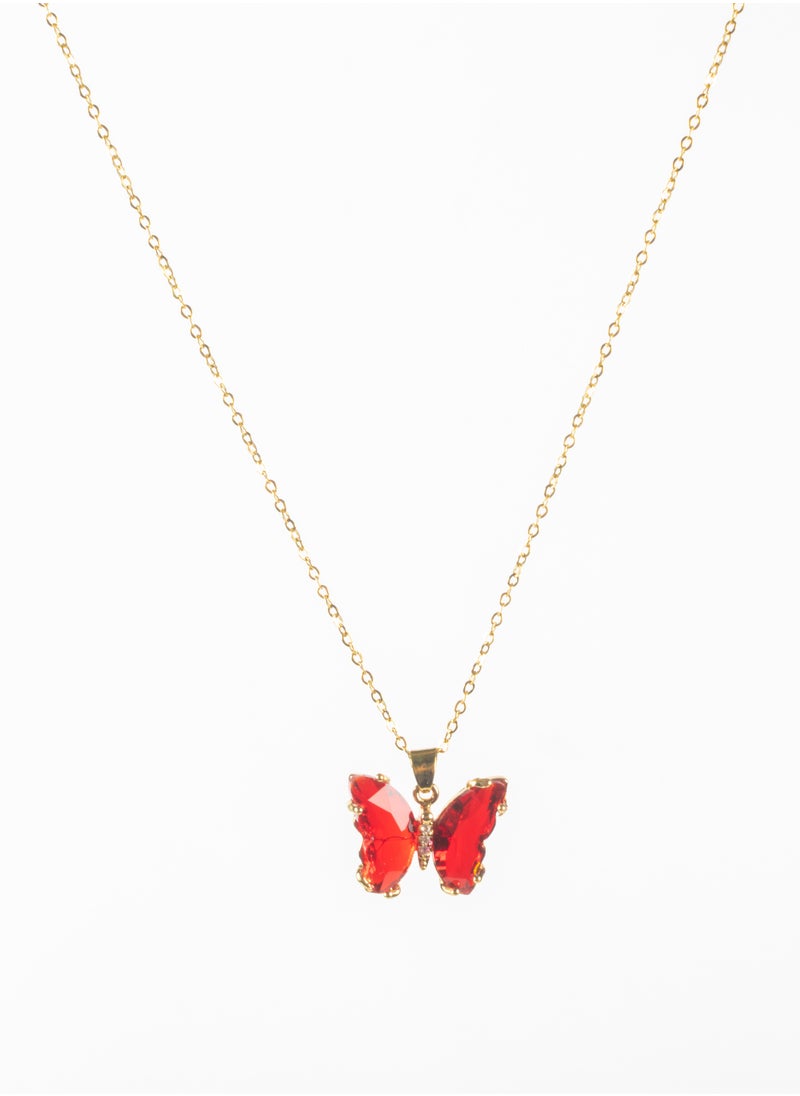 The Black Pearl Accessories - Stainless Steel Necklace with a Red Crystal Stone Butterfly - Image 1