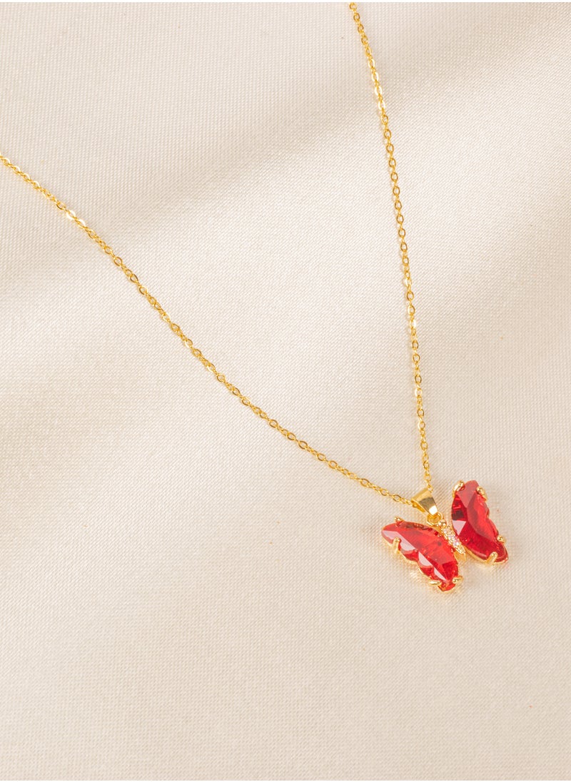 The Black Pearl Accessories - Stainless Steel Necklace with a Red Crystal Stone Butterfly - Image 1