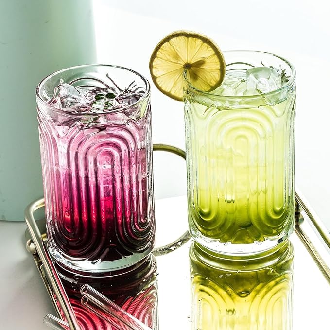 PrimeWorld Drinking Glasses Set of 6 – 300ml | Vintage Ripple Cocktail Glasses | Ribbed Highball Glass Cups | Arch-Designed Art Deco Glassware for Water, Juice, Coffee & More - Image 2