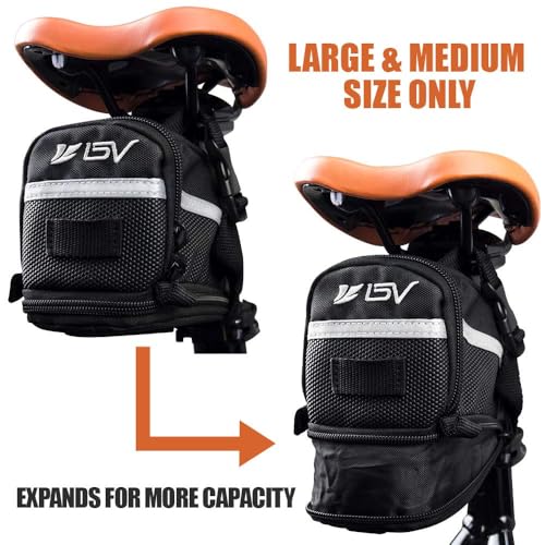 BV حقيبة دراجة BV Strap-On مع مادة عاكسة - حقيبة سرج واسعة مع فاصل منفصل للأشياء الصغيرة ومساحة لجميع مستلزماتك الأساسية - حقيبة دراجة مع حامل ضوء خلفي لأقصى درجات الأمان - Image 3