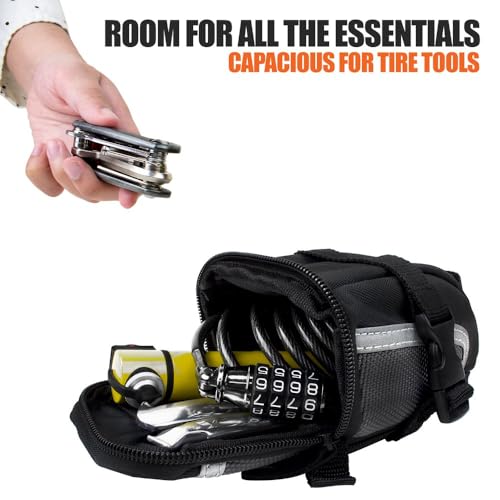 BV حقيبة دراجة BV Strap-On مع مادة عاكسة - حقيبة سرج واسعة مع فاصل منفصل للأشياء الصغيرة ومساحة لجميع مستلزماتك الأساسية - حقيبة دراجة مع حامل ضوء خلفي لأقصى درجات الأمان - Image 4