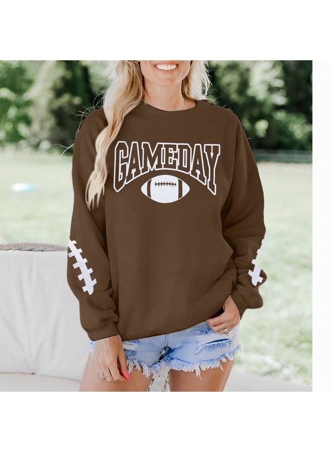 FAYALEQ Football Gameday - Women Sweatshirt Football Mom Shirt Football Lovers T-Shirts Graphic Long Sleeve Casual Pullover Brown - Image 3