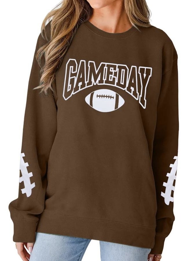 FAYALEQ Football Gameday - Women Sweatshirt Football Mom Shirt Football Lovers T-Shirts Graphic Long Sleeve Casual Pullover Brown - Image 2