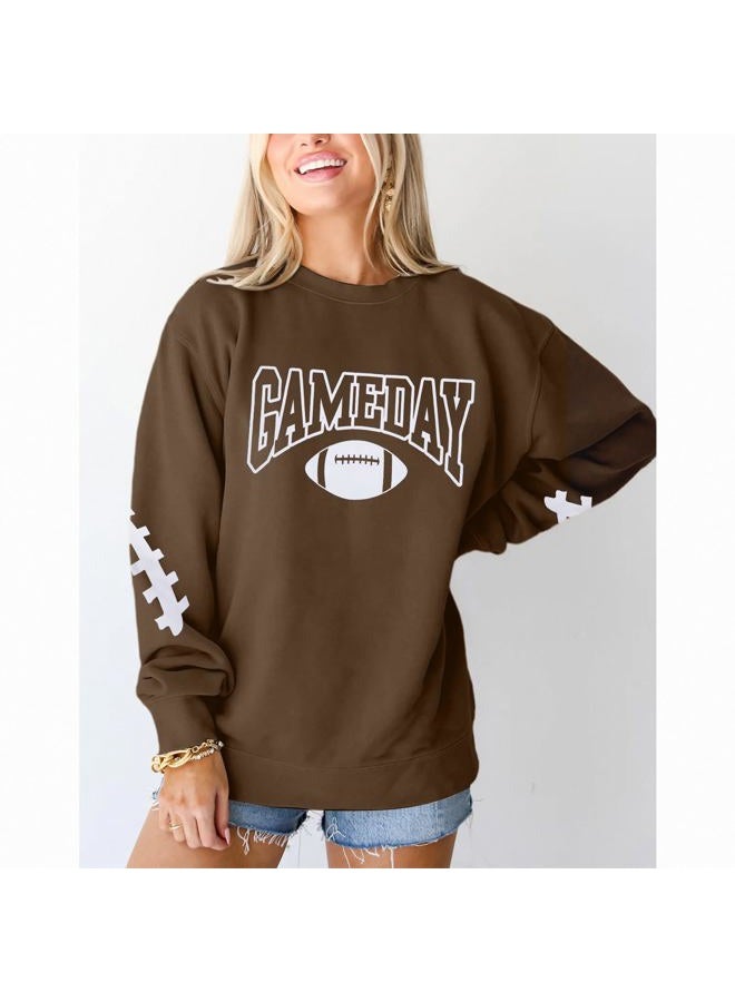 FAYALEQ Football Gameday - Women Sweatshirt Football Mom Shirt Football Lovers T-Shirts Graphic Long Sleeve Casual Pullover Brown - Image 4