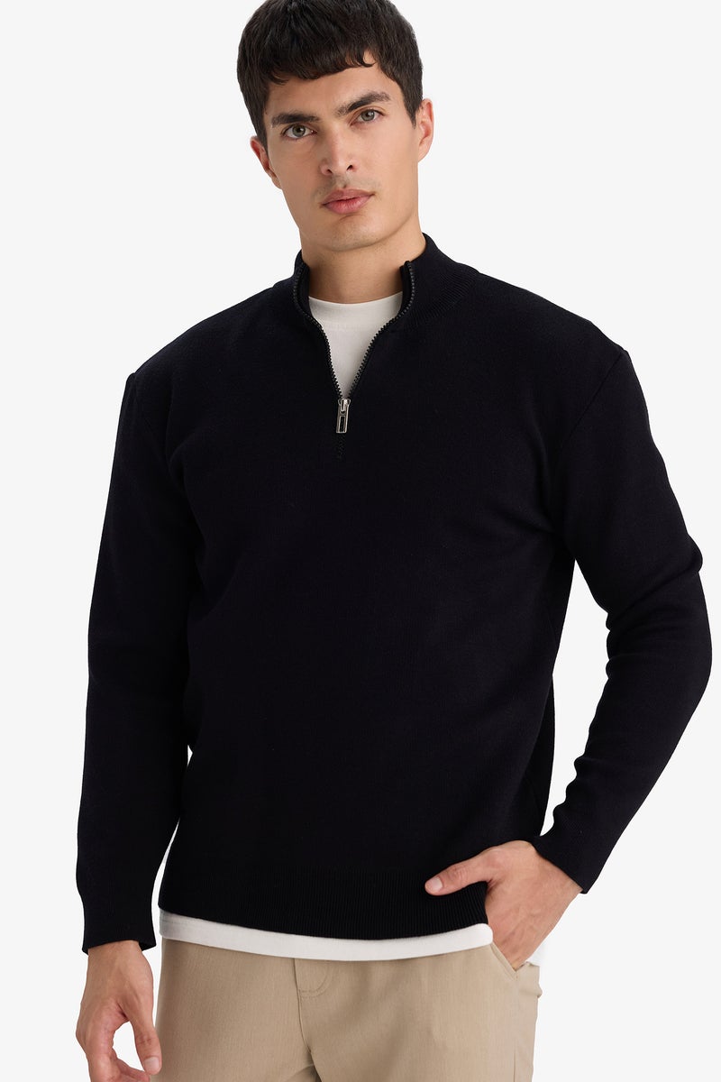DeFacto Black Man Long Sleeve Standart Fit Zip-Up Turtle Neck Pullover Casual - Image 1