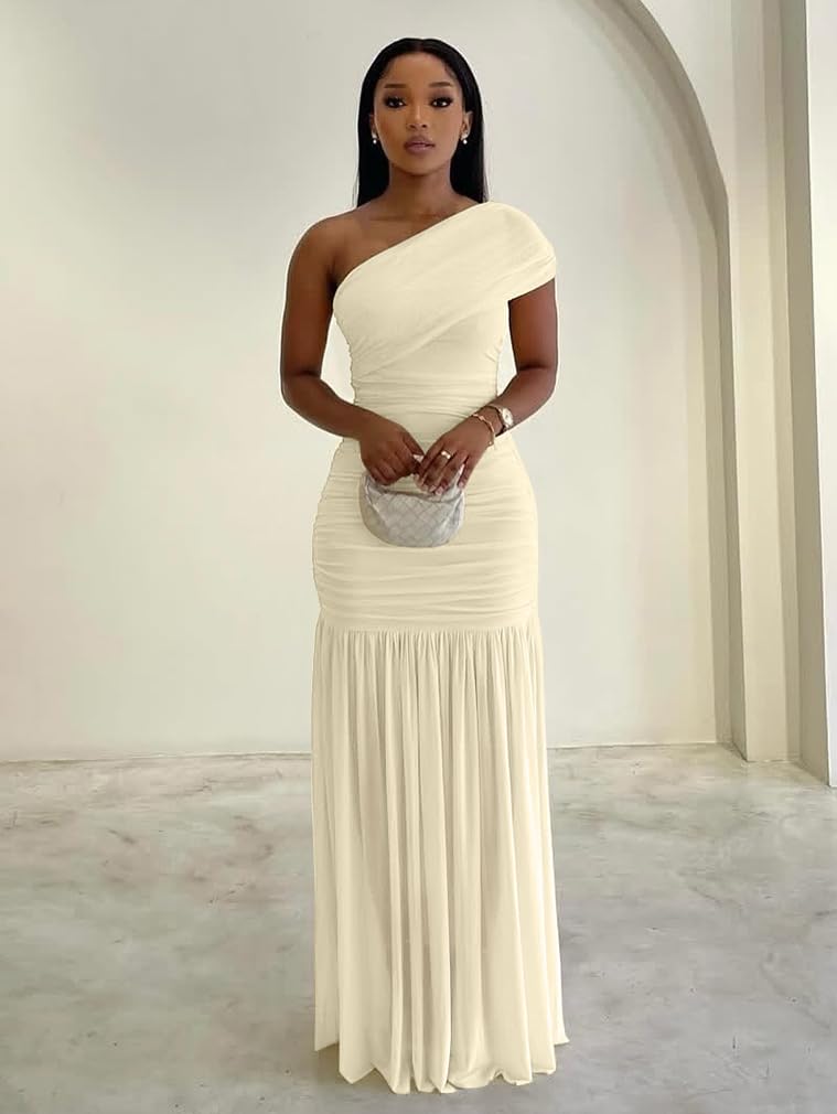 LAGSHIAN Women's Elegant Formal Long Dress One Shoulder Sleeveless Ruched Bodycon Evening Dress Beige - Image 2
