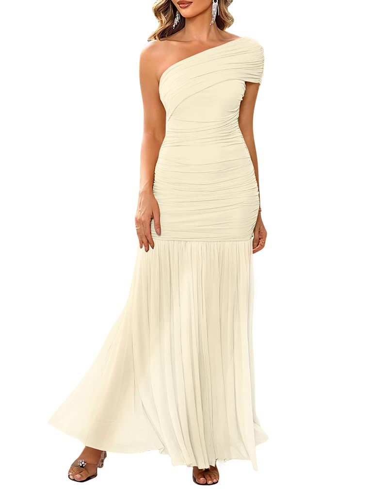 LAGSHIAN Women's Elegant Formal Long Dress One Shoulder Sleeveless Ruched Bodycon Evening Dress Beige - Image 1