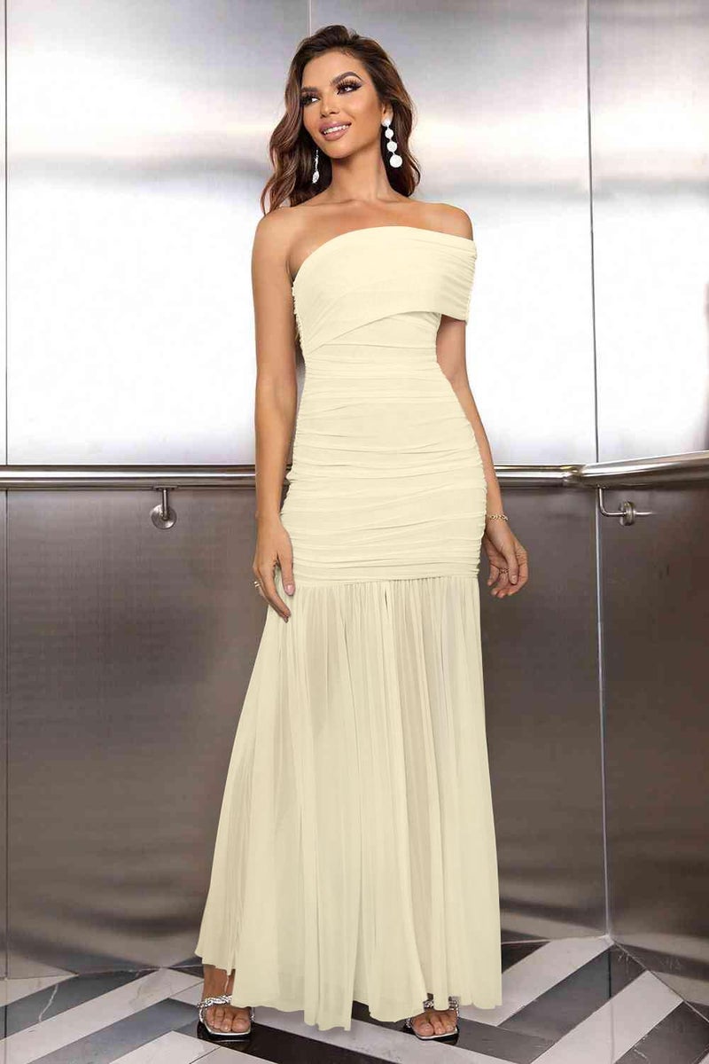 LAGSHIAN Women's Elegant Formal Long Dress One Shoulder Sleeveless Ruched Bodycon Evening Dress Beige - Image 3