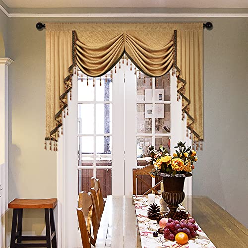ELKCA Jacquard Waterfall Valance with Luxury Beads Yellow Window Curtains Valance for Living RoomRod Pocket 1 Panel Yellow W59 inch
