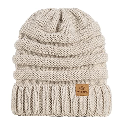 PAGE ONE Womens Winter Beanie Warm Cable Knit Hat Style Stretch Trendy Ribbed Chunky Cap Oatmeal - Image 3