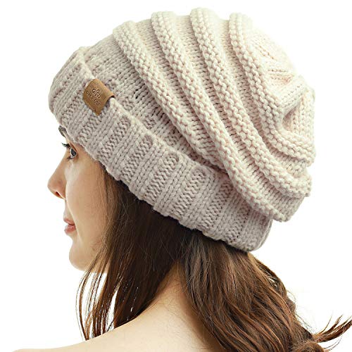 PAGE ONE Womens Winter Beanie Warm Cable Knit Hat Style Stretch Trendy Ribbed Chunky Cap Oatmeal - Image 2