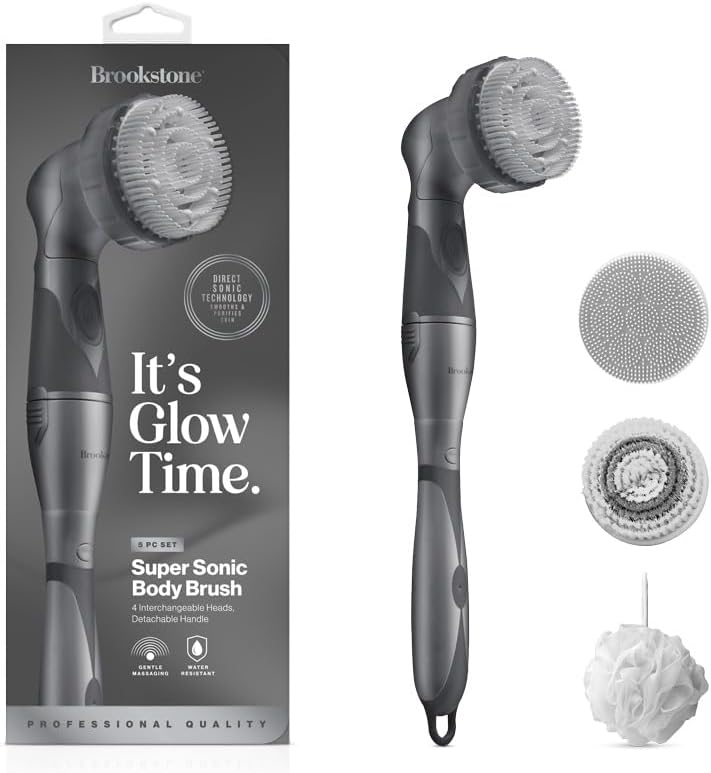 Brookstone 5 Piece Electric Body Bath Brush Long Handled Body Scrubber and Facial Cleansing Brush Battery Powered Shower Brush with 4 Spin Brush Heads CharcoalBlack