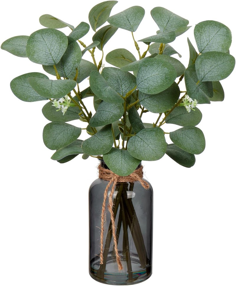 Briful Artificial Eucalyptus Stems in Black Glass Vase with Faux Water, 14" Fake Plant Eucalyptus Leaves for Home Office Farmhouse Wedding Centerpiece Décor - Image 1