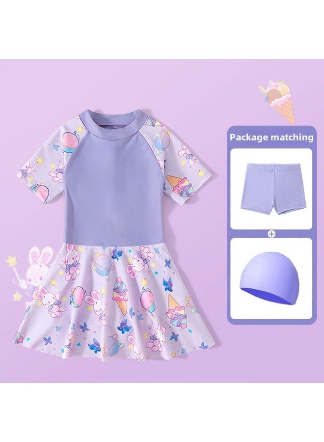 Generic Blank Printed Girls' Swim Skirt Swimsuit Summer Suit Merlotte Style Small And Middle-aged Children's Training Siaman Swimming-Color:110cm-Size:Purple Skirt + Swimming Cap + Swimming Goggles [comes With Safety Pants]  - Image 5