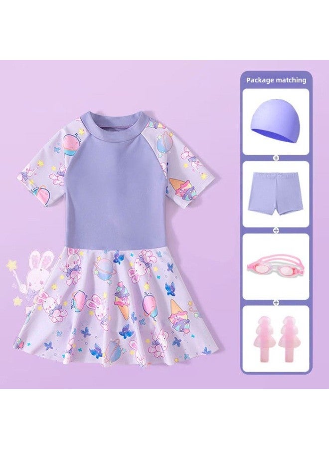 Generic Blank Printed Girls' Swim Skirt Swimsuit Summer Suit Merlotte Style Small And Middle-aged Children's Training Siaman Swimming-Color:110cm-Size:Purple Skirt + Swimming Cap + Swimming Goggles [comes With Safety Pants]  - Image 1