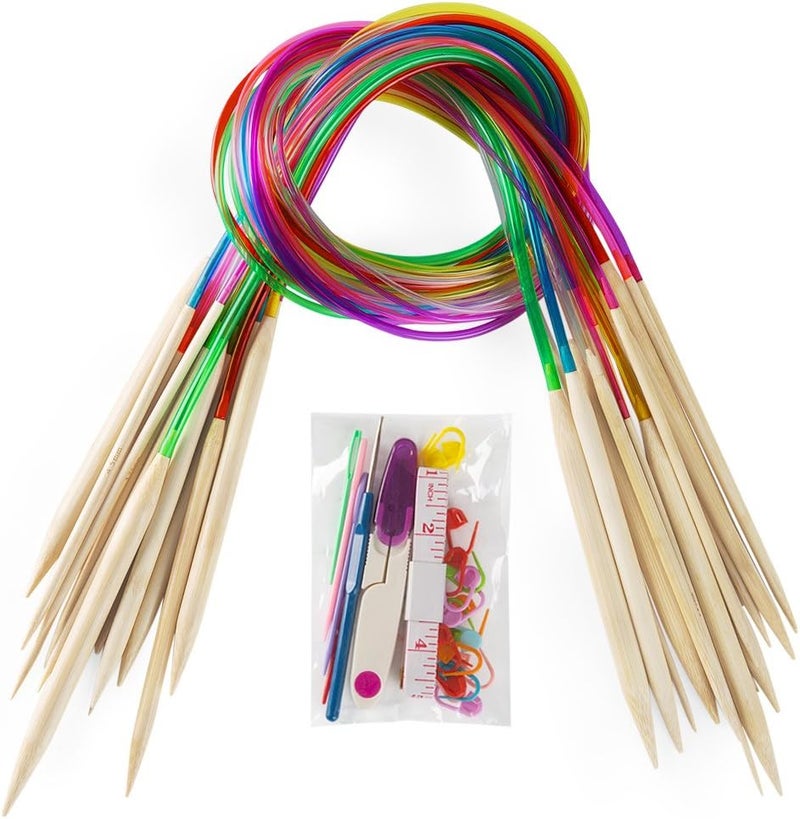 Vancens 18 Pairs Bamboo Knitting Needles Set, Circular Wooden Knitting Needles with Colorful Plastic Tube, Small Tools for Weave are Included, 18 Sizes: 2mm - 10mm, 31.5" Length - Image 1