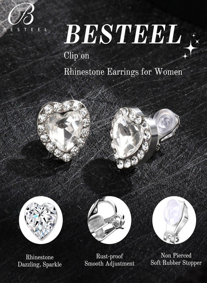 BESTEEL Rhinestone Clip On Earrings for women Heart Shaped Acrylic Stone Inside Crystal Clip Earrings for Dance Competitions Stage Opera Performance Party Earring Non Piercing 15mm(6Pairs White) - Image 5