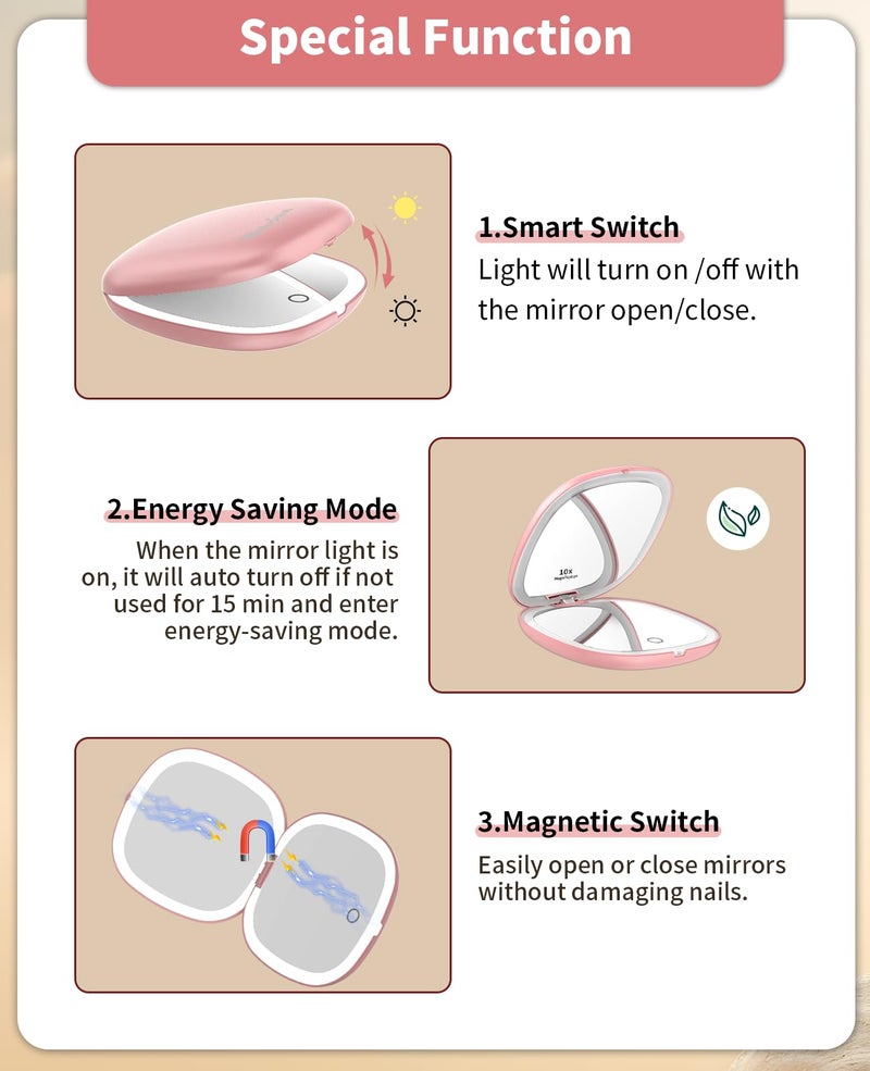 wobsion مرآة مكياج سفر مضاءة قابلة لإعادة الشحن من ووبسيون، 1x/10x مرآة مكبرة مدمجة مع أضواء، محمولة في الحقيبة، 4 بوصة، هدية، ذهب وردي - Image 4