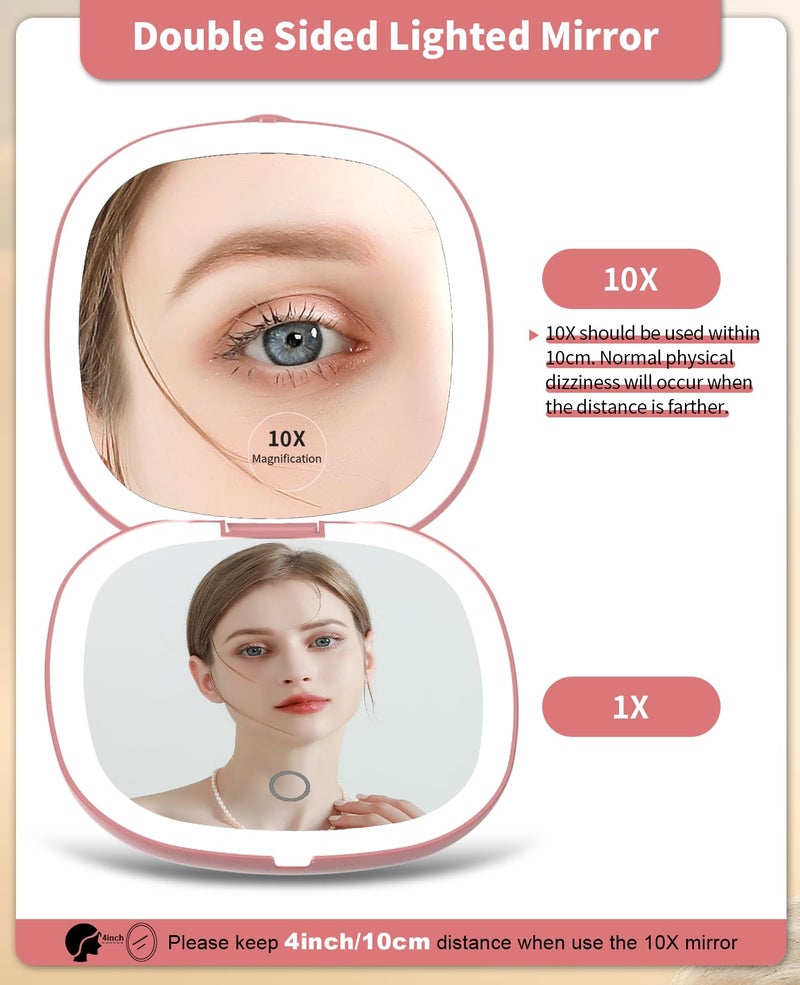 wobsion مرآة مكياج سفر مضاءة قابلة لإعادة الشحن من ووبسيون، 1x/10x مرآة مكبرة مدمجة مع أضواء، محمولة في الحقيبة، 4 بوصة، هدية، ذهب وردي - Image 2