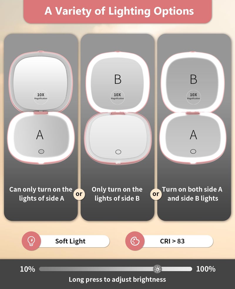 wobsion مرآة مكياج سفر مضاءة قابلة لإعادة الشحن من ووبسيون، 1x/10x مرآة مكبرة مدمجة مع أضواء، محمولة في الحقيبة، 4 بوصة، هدية، ذهب وردي - Image 3