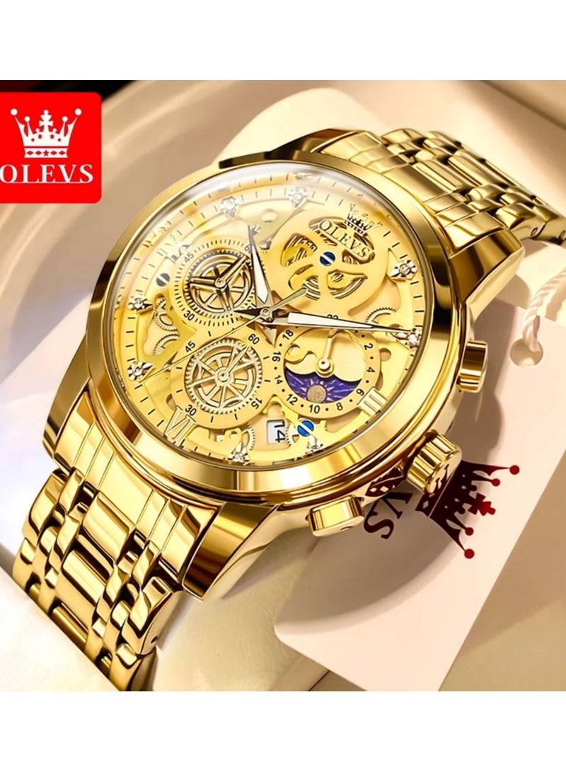 أوليفز ساعة OLEVS للرجال على شكل وجه القمر ساعة قيراتس الأصلية بتصميم هيكل عظمي ذهبي ، ساعة مقاومة للماء والفولاذ المقاوم للصدأ - Image 1