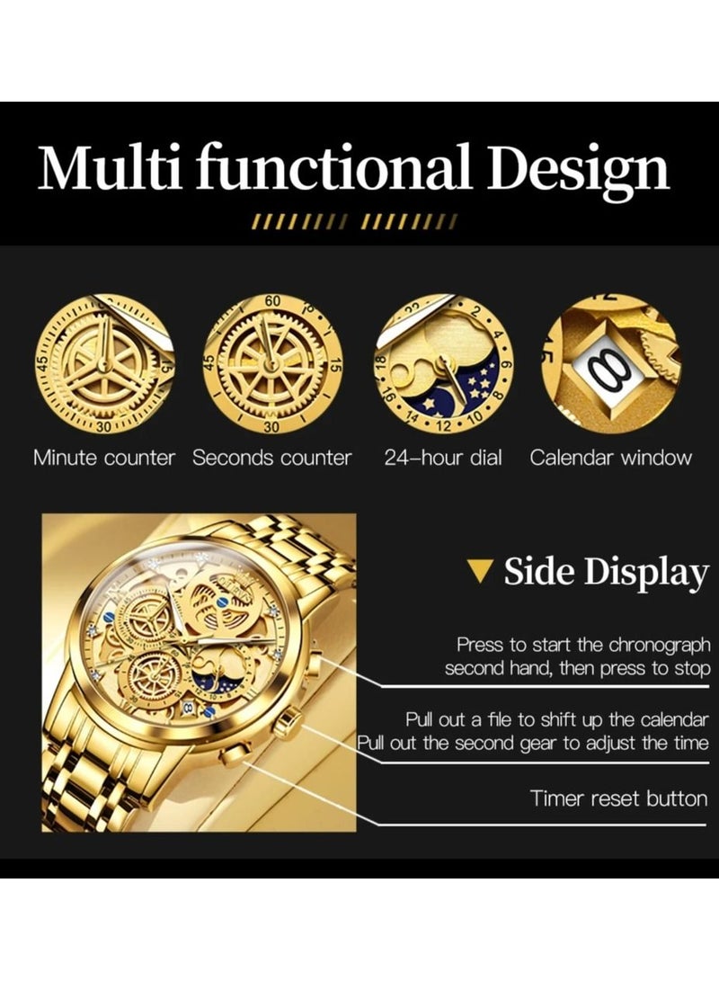 أوليفز ساعة OLEVS للرجال على شكل وجه القمر ساعة قيراتس الأصلية بتصميم هيكل عظمي ذهبي ، ساعة مقاومة للماء والفولاذ المقاوم للصدأ - Image 3