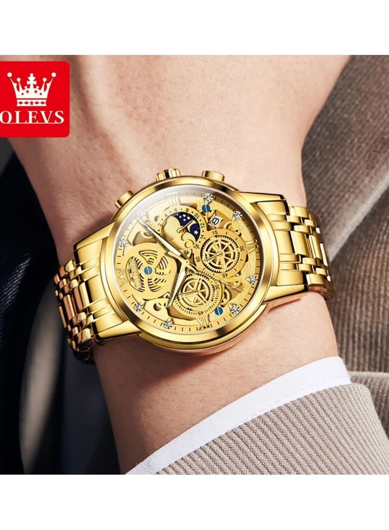 أوليفز ساعة OLEVS للرجال على شكل وجه القمر ساعة قيراتس الأصلية بتصميم هيكل عظمي ذهبي ، ساعة مقاومة للماء والفولاذ المقاوم للصدأ - Image 2