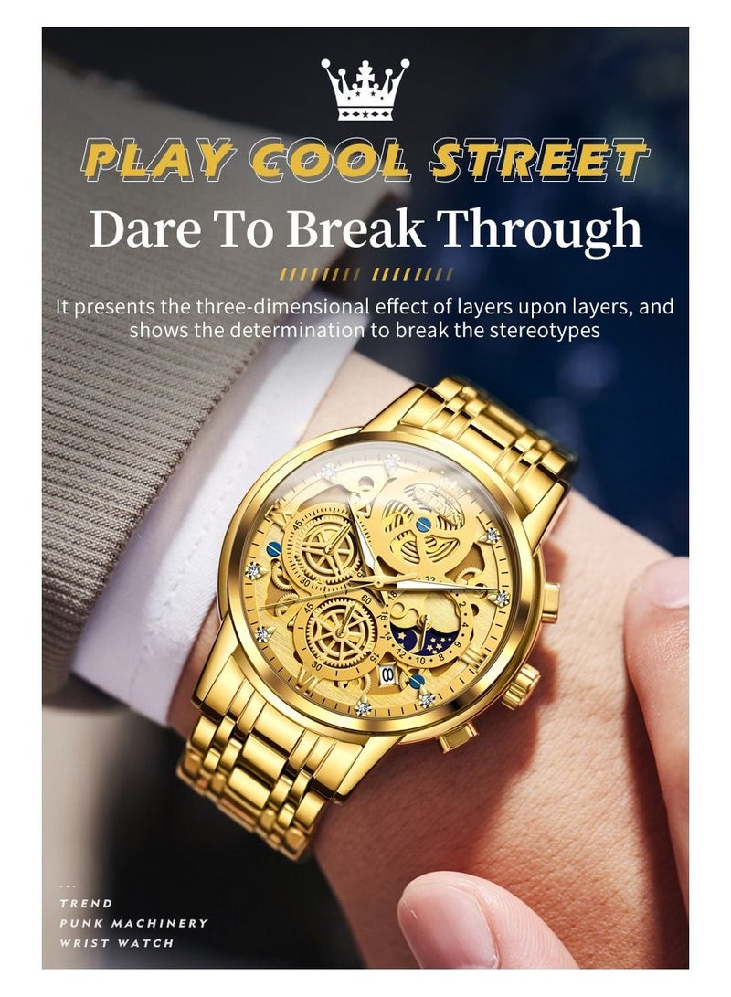 أوليفز ساعة OLEVS للرجال على شكل وجه القمر ساعة قيراتس الأصلية بتصميم هيكل عظمي ذهبي ، ساعة مقاومة للماء والفولاذ المقاوم للصدأ - Image 4