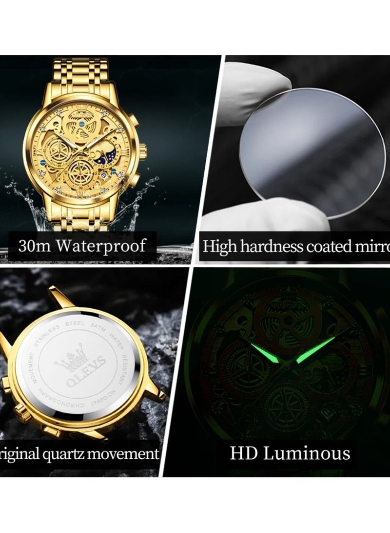 أوليفز ساعة OLEVS للرجال على شكل وجه القمر ساعة قيراتس الأصلية بتصميم هيكل عظمي ذهبي ، ساعة مقاومة للماء والفولاذ المقاوم للصدأ - Image 5