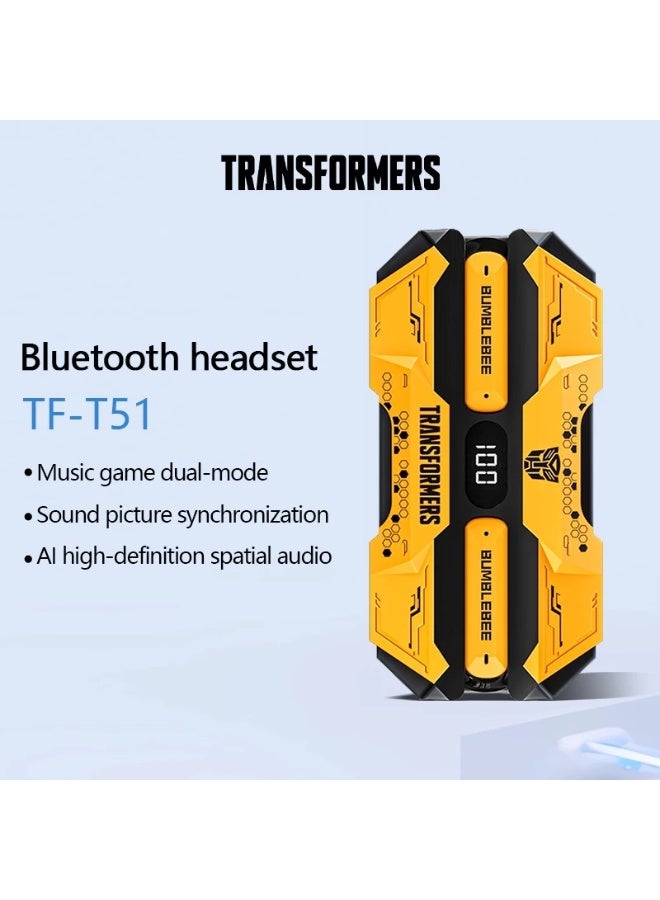 ترانسفورمرز سماعات Transformers TF-T51 اللاسلكية بتقنية بلوتوث، سماعات TWS تعمل باللمس الذكي مع وضع الألعاب ووضع الموسيقى، ميكروفون عالي الوضوح، صوت ستيريو HiFi، تأخير منخفض، علبة شحن، متوافقة مع أندرويد وآيفون، لون أصفر - Image 2
