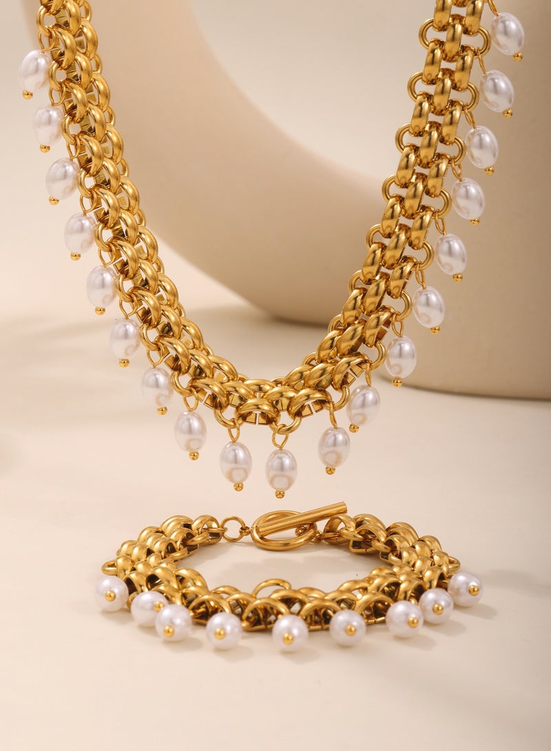 ​​Stainless Steel Bracelet  Necklace Set with High-Gloss Rice Beads and Layered Tassel Design​​  - Image 2