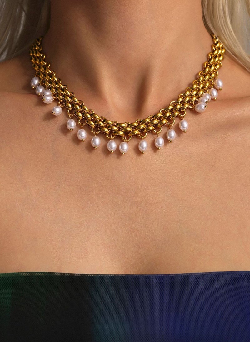 ​​Stainless Steel Bracelet  Necklace Set with High-Gloss Rice Beads and Layered Tassel Design​​  - Image 3